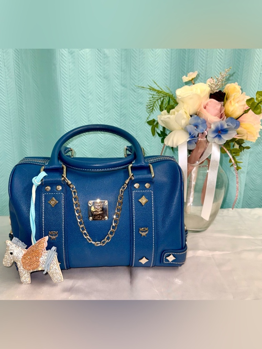 Like New - MCM Blue Leather Boston Satchel